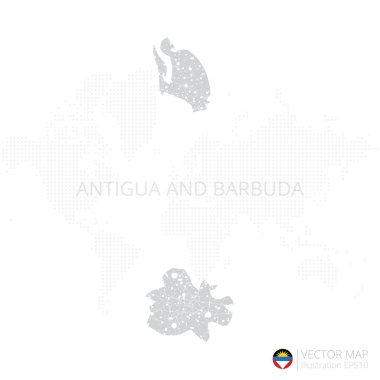 Antigua ve Barbuda gri haritası beyaz zemin üzerinde soyut ağ çizgisi ve nokta ölçekleriyle izole edilmiştir. Vektör illüstrasyonu 10