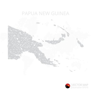 Papua Yeni Gine gri haritası beyaz zemin üzerinde soyut ağ çizgisi ve nokta pullarıyla izole edilmiş. Vektör illüstrasyonu 10