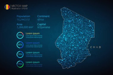 Mavi zemin üzerinde soyut geometrik ağ çokgen ışık konseptiyle Chad haritası bilgi vektör şablonu. Şablon, grafik, sunum ve grafik. Vektör illüstrasyonu E10.