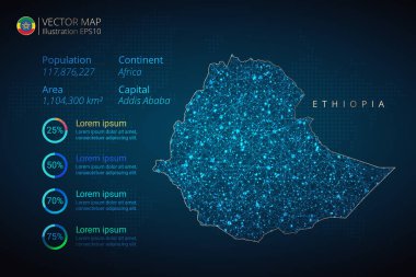 Etiyopya haritası bilgisel vektör şablonu soyut geometrik ağ çokgen ışık konseptiyle mavi arkaplanda. Şablon, grafik, sunum ve grafik. Vektör illüstrasyonu E10.