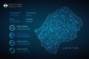 Lesotho haritası bilgisel vektör şablonu soyut geometrik ağ çokgen ışık konseptiyle mavi arkaplanda. Şablon, grafik, sunum ve grafik. Vektör illüstrasyonu E10.