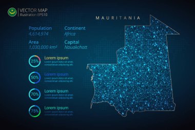 Moritanya haritası enfografik vektör şablonu soyut geometrik ağ çokgen ışık konseptiyle mavi arkaplanda. Şablon, grafik, sunum ve grafik. Vektör illüstrasyonu E10.