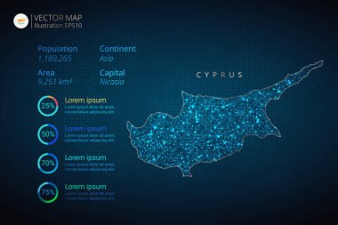Mavi zemin üzerinde soyut geometrik ağ çokgen ışık konsepti bulunan Kıbrıs haritası bilgili vektör şablonu. Şablon, grafik, sunum ve grafik. Vektör illüstrasyonu E10.