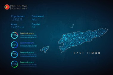 Mavi zemin üzerinde soyut geometrik ağ çokgen ışık konseptiyle Doğu Timor haritası bilgi-grafik vektör şablonu. Şablon, grafik, sunum ve grafik. Vektör illüstrasyonu E10.