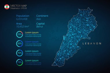 Lübnan haritası bilgisel vektör şablonu soyut geometrik ağ çokgen ışık konseptiyle mavi arkaplanda. Şablon, grafik, sunum ve grafik. Vektör illüstrasyonu E10.