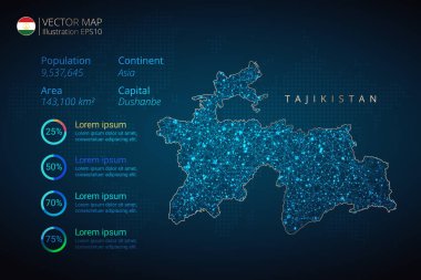 Tacikistan haritası enfografik vektör şablonu soyut geometrik ağ çokgen ışık konseptiyle mavi arka planda. Şablon, grafik, sunum ve grafik. Vektör illüstrasyonu E10.