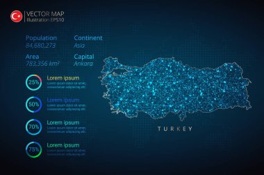 Türkiye, mavi zemin üzerinde soyut geometrik ağ çokgen ışık konseptiyle bilgi bilgisi vektör şablonunu haritalıyor. Şablon, grafik, sunum ve grafik. Vektör illüstrasyonu E10.