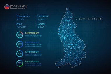 Lihtenştayn haritası, soyut geometrik ağ çokgen ışık konseptiyle mavi arkaplanda bilgi bilgisi vektör şablonu. Şablon, grafik, sunum ve grafik. Vektör illüstrasyonu 10.