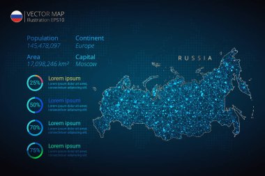 Rusya, mavi arkaplanda soyut geometrik ağ çokgen ışık konseptini içeren bilgi veri vektör şablonu haritası. Şablon, grafik, sunum ve grafik. Vektör illüstrasyonu 10.