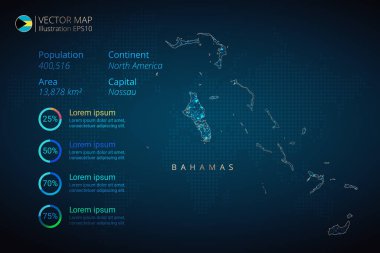 Mavi zemin üzerinde soyut geometrik ağ çokgen ışık konseptiyle Bahamalar haritası bilgi-grafik vektör şablonu. Şablon, grafik, sunum ve grafik. Vektör illüstrasyonu E10.