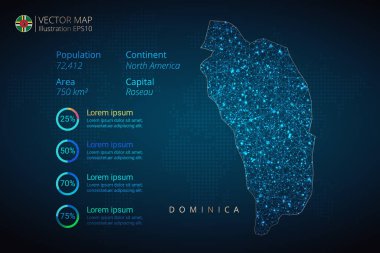 Dominica haritası bilgisel vektör şablonu soyut geometrik ağ çokgen ışık konseptiyle mavi arkaplanda. Şablon, grafik, sunum ve grafik. Vektör illüstrasyonu E10.