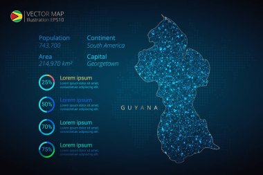 Mavi zemin üzerinde soyut geometrik ağ çokgen ışık konseptiyle Guyana haritası bilgi-grafik vektör şablonu. Şablon, grafik, sunum ve grafik. Vektör illüstrasyonu E10.