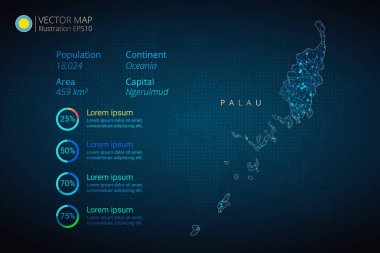 Mavi zemin üzerinde soyut geometrik ağ çokgen ışık konseptiyle Palau haritası bilgi-grafik vektör şablonu. Şablon, grafik, sunum ve grafik. Vektör illüstrasyonu E10.