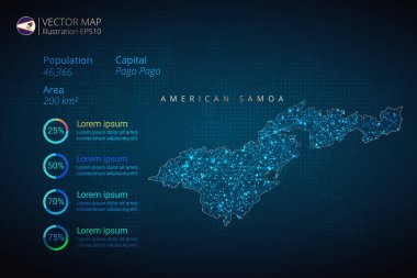 Amerikan Samoa haritası enfografik vektör şablonu soyut geometrik ağ çokgen ışık konseptiyle mavi arka planda. Şablon, grafik, sunum ve grafik. Vektör illüstrasyonu 10.