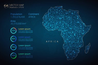 Afrika kıtasının haritası enfografik vektör şablonu soyut geometrik ağ çokgen ışık konseptiyle mavi arka planda. Şablon, grafik, sunum ve grafik. Vektör illüstrasyonu E10.