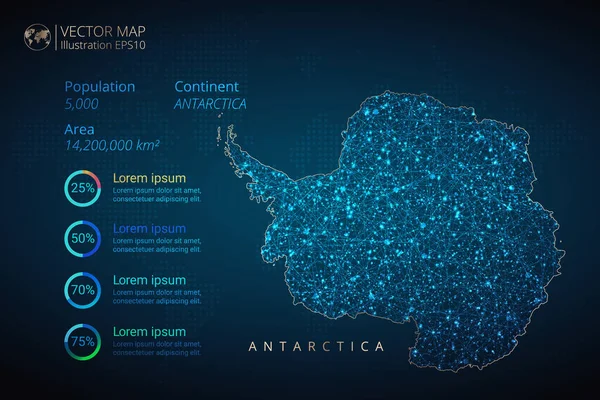 南極大陸の地図インフォグラフィックベクトルテンプレートは 青い背景に抽象的な幾何学的メッシュ多角形ライトコンセプトを備えています グラフ プレゼンテーション チャートのテンプレート ベクトルイラストEps10 — ストックベクタ