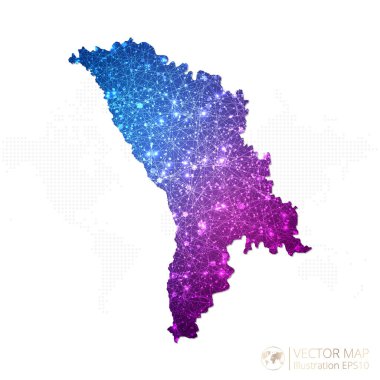 Moldova haritası geometrik kablo mavisi ile beyaz zemin üzerinde mor çokgen stil grafikleri ile. Vektör İllüstrasyonu Bölüm 10.