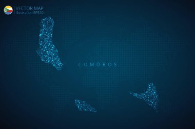 Comoros Haritası soyut dijital teknolojiyle modern tasarım koyu mavi arkaplanda çokgen şekiller oluşturuyor. Vektör İllüstrasyonu Eps 10.