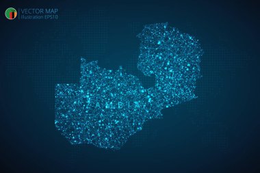 Zambiya Haritası modern tasarım ile soyut dijital teknoloji koyu mavi arka planda çokgen şekiller oluşturur. Vektör İllüstrasyonu Eps 10.