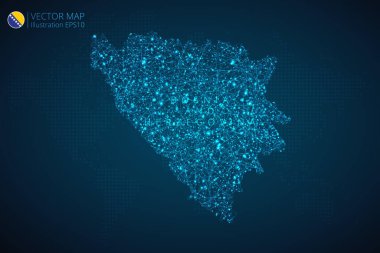 Bosna-Hersek, soyut dijital teknolojiye sahip modern tasarımı koyu mavi arka planda çokgen şekillerle birleştiriyor. Vektör İllüstrasyonu Eps 10.