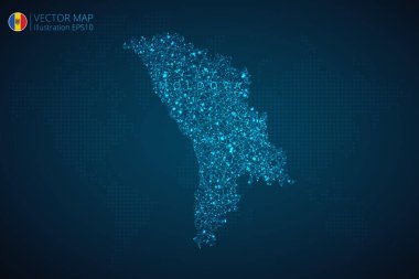 Soyut dijital teknolojiye sahip Moldova Haritası modern tasarımı koyu mavi arka planda çokgen şekiller oluşturuyor. Vektör İllüstrasyonu Eps 10.