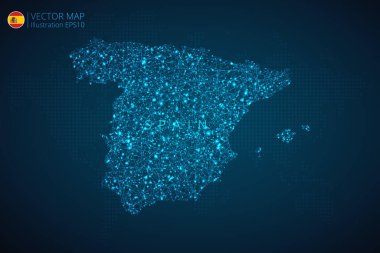 Soyut dijital teknolojiye sahip İspanya Haritası modern tasarımı koyu mavi arka planda çokgen şekilleri birleştirir. Vektör İllüstrasyonu Eps 10.