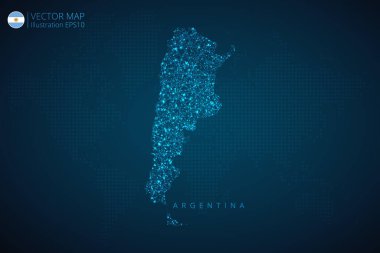 Soyut dijital teknolojiye sahip modern Arjantin haritası koyu mavi arka planda çokgen şekiller oluşturuyor. Vektör İllüstrasyonu Eps 10.