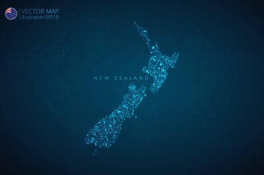 Yeni Zelanda haritası soyut dijital teknolojiye sahip modern tasarım koyu mavi arka planda çokgen şekiller oluşturuyor. Vektör İllüstrasyonu Eps 10.