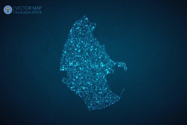 Melilla Haritası soyut dijital teknolojiyle modern tasarım koyu mavi arka planda çokgen şekiller oluşturuyor. Vektör İllüstrasyonu Eps 10.