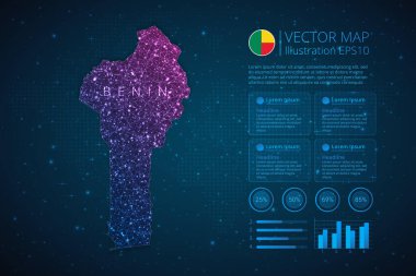 Mavi zemin üzerinde soyut geometrik örgü çokgen ışık konseptiyle diyagram, grafik, sunum ve grafik için Benin haritası bilgi şablonu. Vektör illüstrasyonu EPS10