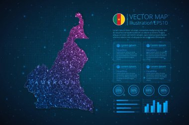 Mavi zemin üzerinde soyut geometrik örgü çokgen ışık konseptiyle diyagram, grafik, sunum ve grafik için kamerun haritası bilgi şablonu. Vektör illüstrasyonu EPS10