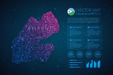 Mavi zemin üzerinde soyut geometrik ağ çokgen ışık konseptiyle diyagram, grafik, sunum ve grafik için Cibuti haritası bilgi şablonu. Vektör illüstrasyonu EPS10