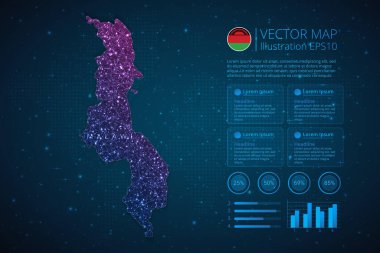 Mavi zemin üzerinde soyut geometrik ağ çokgen ışık konseptiyle diyagram, grafik, sunum ve grafik için Malawi harita bilgi grafikleri şablonu. Vektör illüstrasyonu EPS10