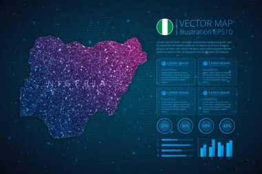 Mavi zemin üzerinde soyut geometrik ağ çokgen ışık konsepti bulunan diyagram, grafik, sunum ve grafik için Nijerya haritası bilgi şablonu. Vektör illüstrasyonu EPS10