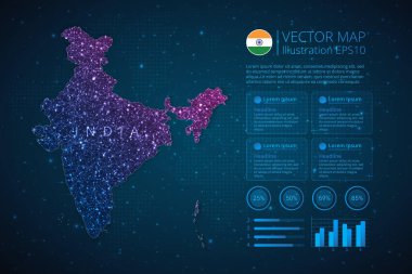 Mavi zemin üzerinde soyut geometrik örgü çokgen ışık konsepti bulunan diyagram, grafik, sunum ve grafik için Hindistan haritası bilgi grafikleri şablonu. Vektör illüstrasyonu EPS10