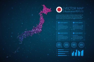 Soyut geometrik örgü çokgen ışık konseptiyle mavi zemin üzerinde diyagram, grafik, grafik ve grafik için Japonya haritası bilgi grafikleri şablonu. Vektör illüstrasyonu EPS10