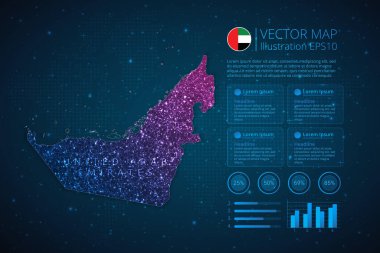 Birleşik Arap Emirlikleri haritası mavi zemin üzerinde soyut geometrik ağ çokgen ışık konseptiyle diyagram, grafik, sunum ve grafikler için bilgi şablonu. Vektör illüstrasyonu EPS10