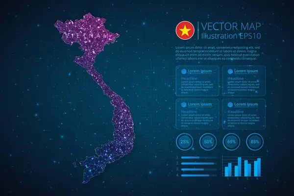 Mavi zemin üzerinde soyut geometrik örgü çokgen ışık konsepti bulunan diyagram, grafik, grafik ve grafik için Vietnam haritası bilgi haritası şablonu. Vektör illüstrasyonu EPS10