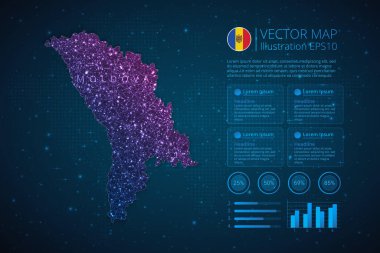 Mavi zemin üzerinde soyut geometrik örgü çokgen ışık konseptiyle diyagram, grafik, sunum ve grafik için Moldova haritası bilgi şablonu. Vektör illüstrasyonu EPS10