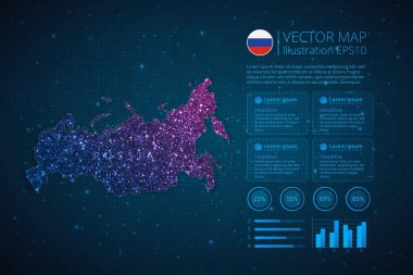 Rusya haritası, mavi zemin üzerinde soyut geometrik örgü çokgen ışık konseptiyle diyagram, grafik, sunum ve grafik için bilgi haritası şablonu. Vektör illüstrasyonu EPS10