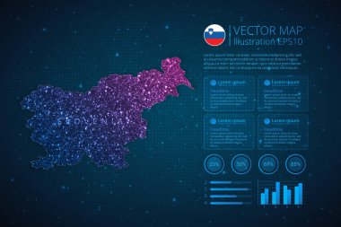 Slovenya haritası mavi zemin üzerinde soyut geometrik örgü çokgen ışık konseptiyle diyagram, grafik, sunum ve grafik için bilgi şablonu. Vektör illüstrasyonu EPS10