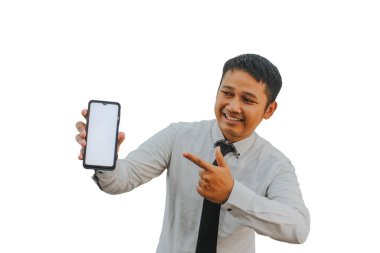 Adult Asian man smiling happy while showing blank mobile phone screen and pointing on it clipart