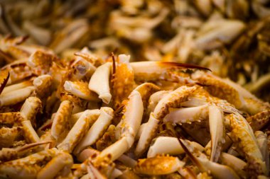 Bir yığın taze yengeç bacağı, beyazdan kahverengiye renk olarak değişir.