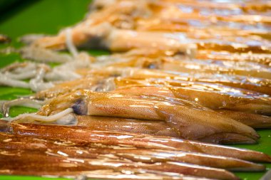  Balık pazarından taze mürekkep balığı.