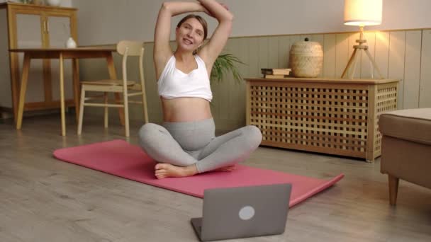 Front View Young Attractive Smiling Woman Doing Yoga Exercises Laptop — Stock Video