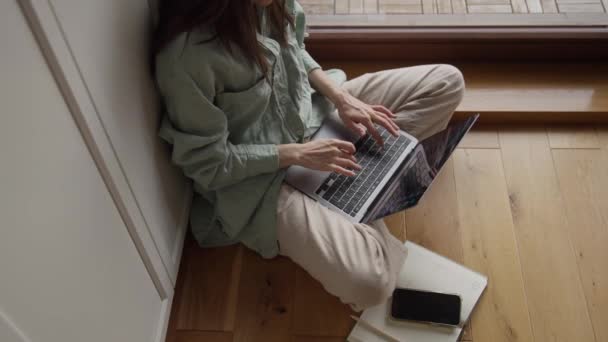 Medium Shot Young Caucasian Female Printing Typing Laptop Sitting Floor — Stock Video