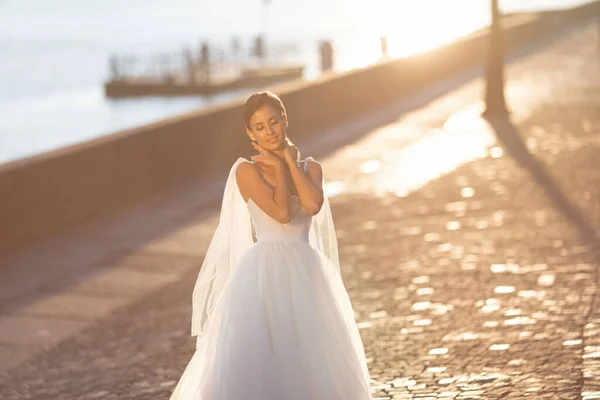 Schöne Braut Posiert Vor Der Kulisse Einer Europäischen Stadt Hochwertiges — Stockfoto