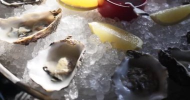 Buz kaplı istiridye, limon restoranı menüsü, diyet, yemek kitabı tarifi. Pahalı bir yemek. Sağlıklı yiyecekler, gurme, çiğ deniz okyanusu. Profesyonel aşçılar deniz ürünleri sosu yapar Akdeniz yemeği pişirir.