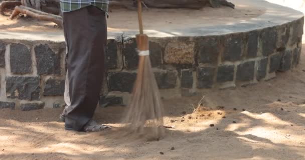 Sweeping Sidewalk Broom Close Slow Motion Cleaner Turns Floor Full — Stockvideo