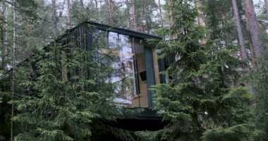 Helsinki, Finlandiya - SEPTEMBER 12, 2022: Finlandiya 'nın güneyindeki Tatil Ormanı Oteli Modern Minik Ev Harici Orman Yüksek kaliteli 4K görüntüler